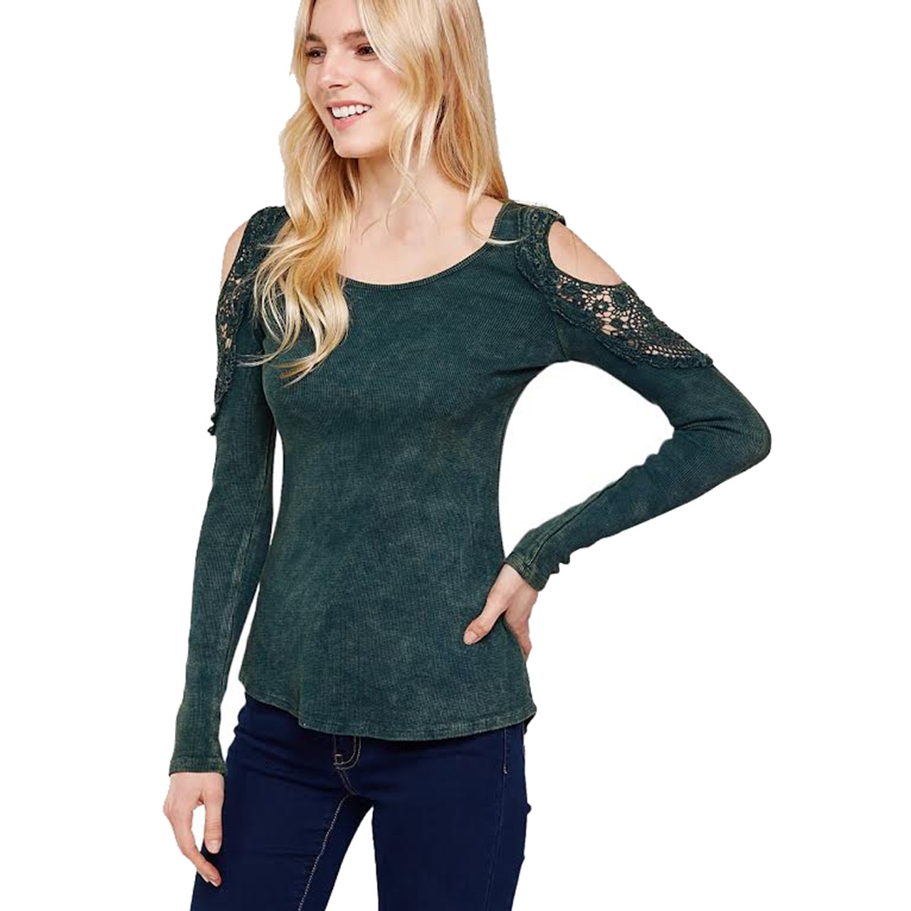 GREEN LACE COLD SHOULDER SHIRT | PURPLE LEOPARD BOUTIQUE