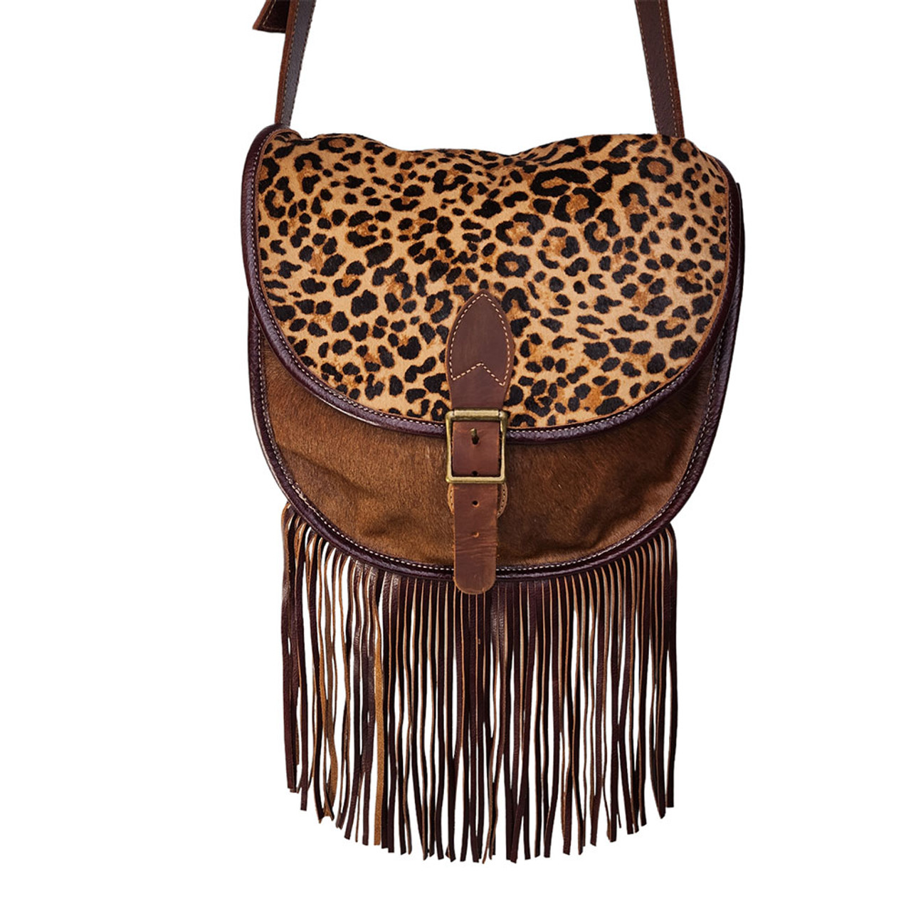 Genuine Hair-on Cowhide Leather Fringe Tooled Crossbody Bag