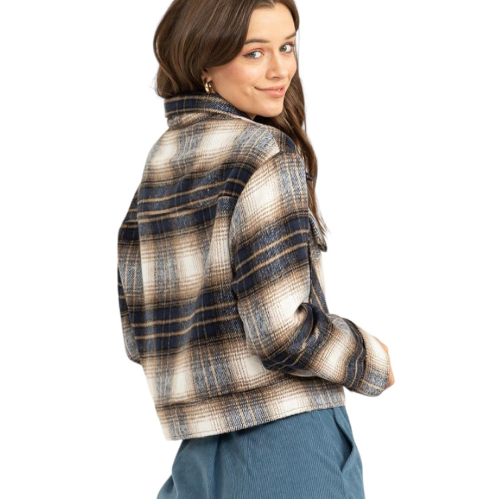 NAVY BLUE PLAID CROPPED JACKET | PURPLE LEOPARD BOUTIQUE