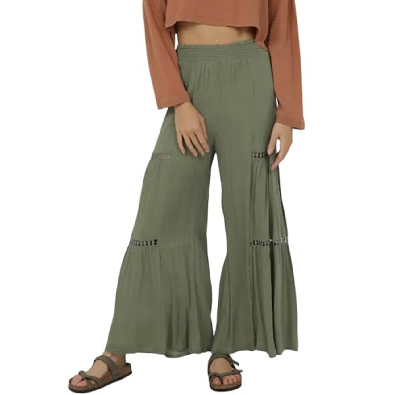 Angie Wide Leg Pants with Lace Inserts Olive Green