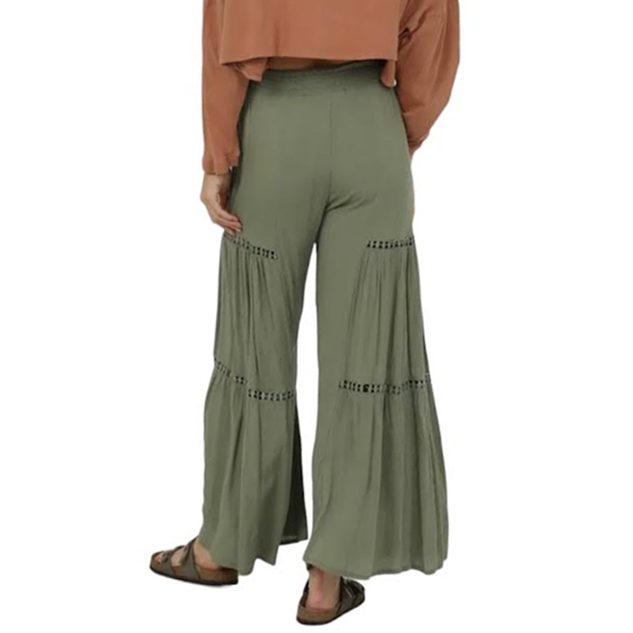 Angie Wide Leg Pants with Lace Inserts Olive Green