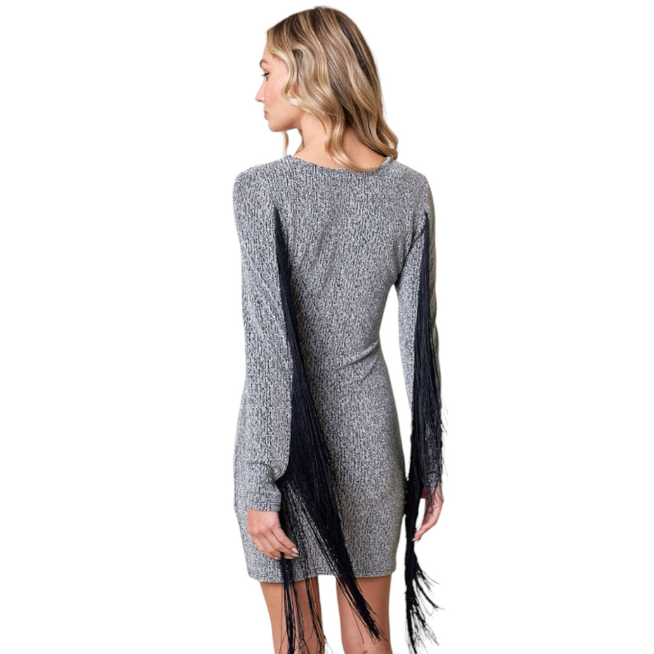 METALLIC SILVER BODYCON FRINGE DRESS | PURPLE LEOPARD BOUTIQUE