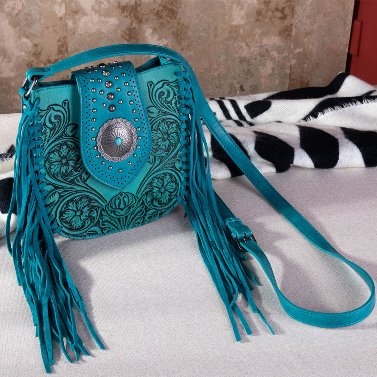 Montana West Turquoise Tooled Fringe Concealed Carry Crossbody Bag