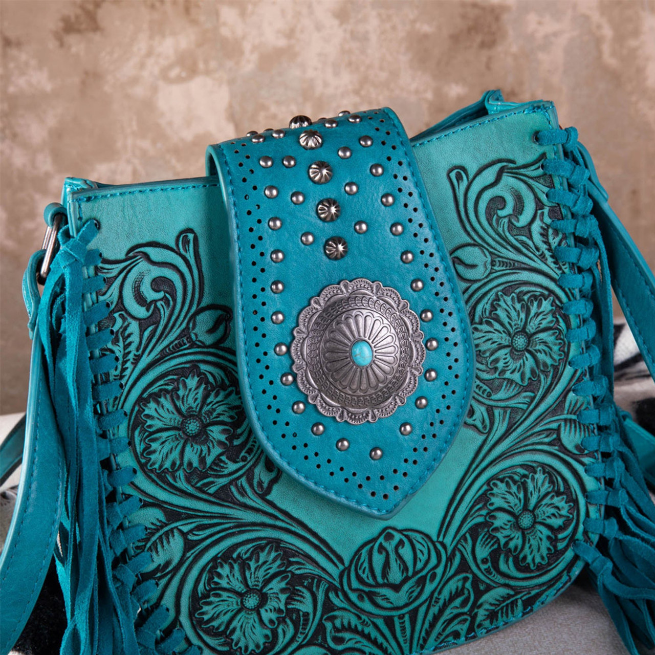 Montana West Turquoise Tooled Fringe Concealed Carry Crossbody Bag