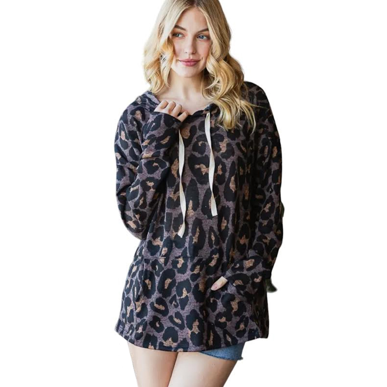 ANIMAL PRINT KNIT HOODIE SWEATER PURPLE LEOPARD BOUTIQUE