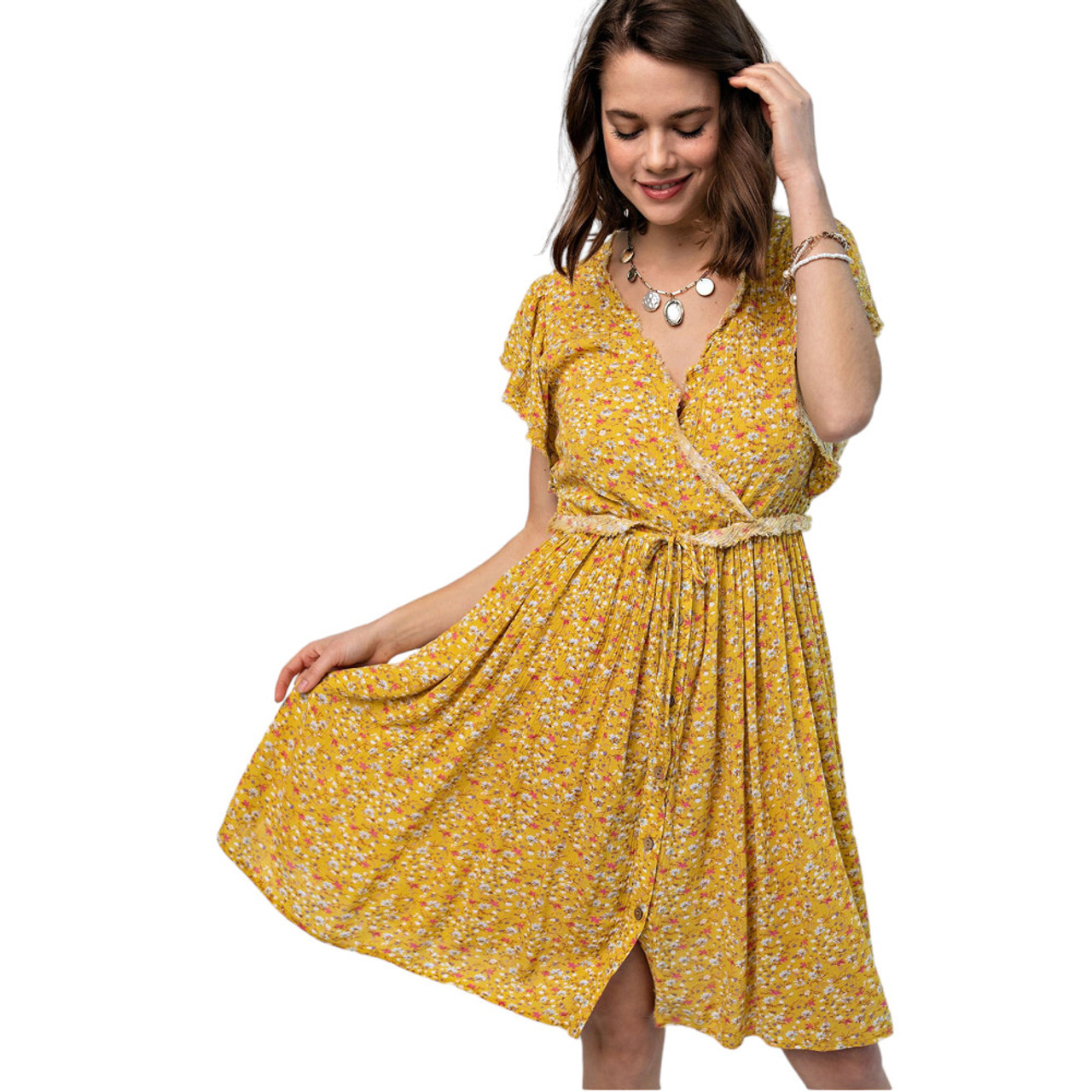 MUSTARD YELLOW FLORAL PRINT DRESS | PURPLE LEOPARD BOUTIQUE