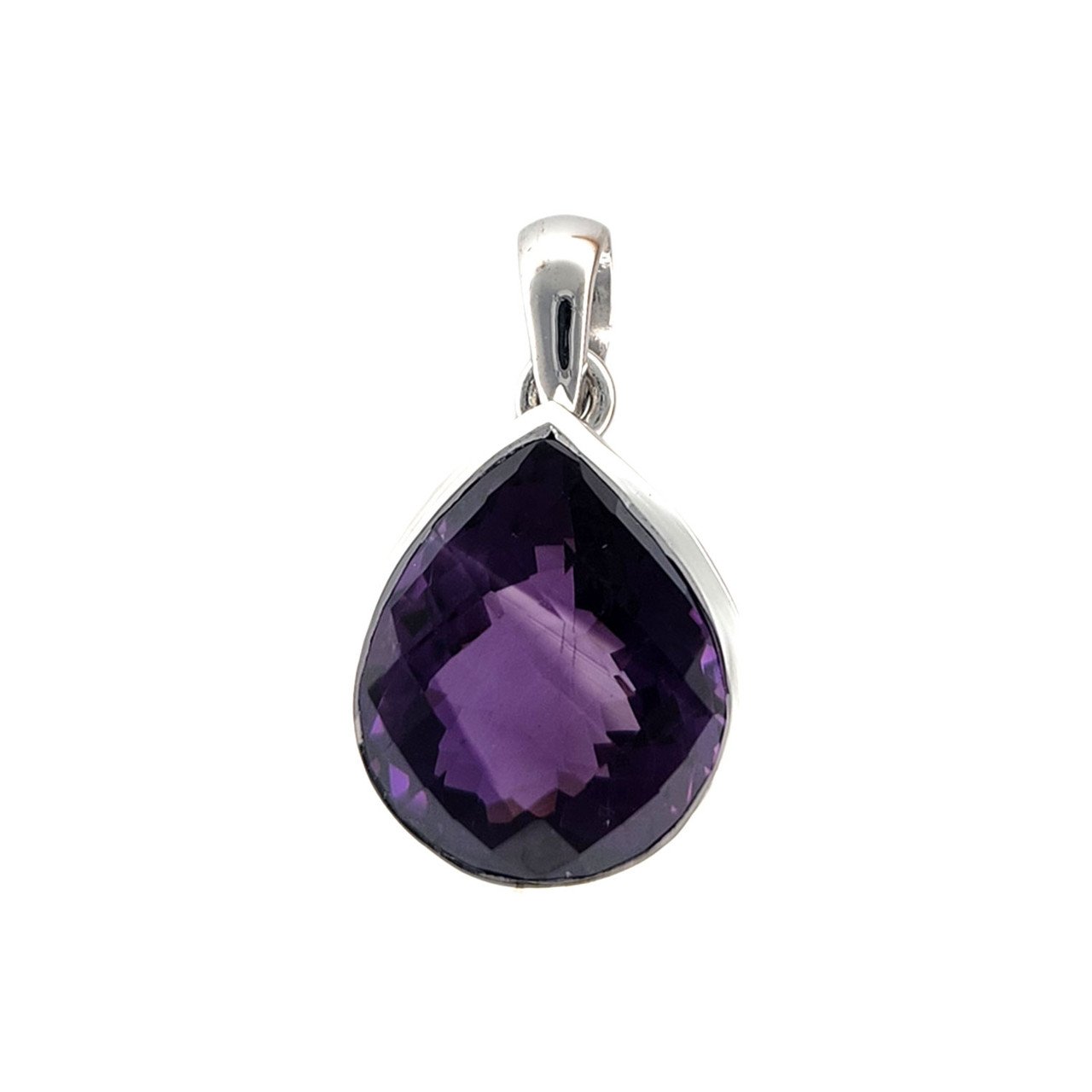 Teardrop Faceted Amethyst Stone Sterling Silver Pendant