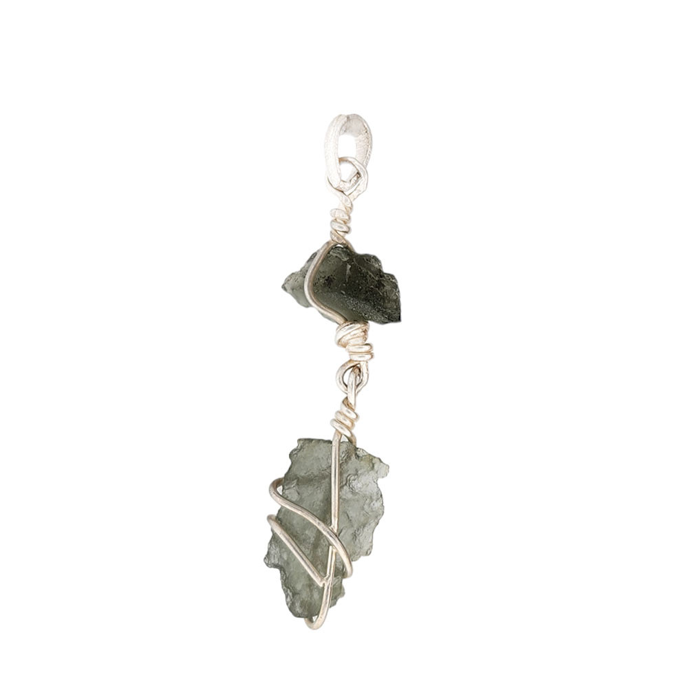 GREEN WIRE WRAPPED MOLDAVITE STERLING SILVER PENDANT PURPLE