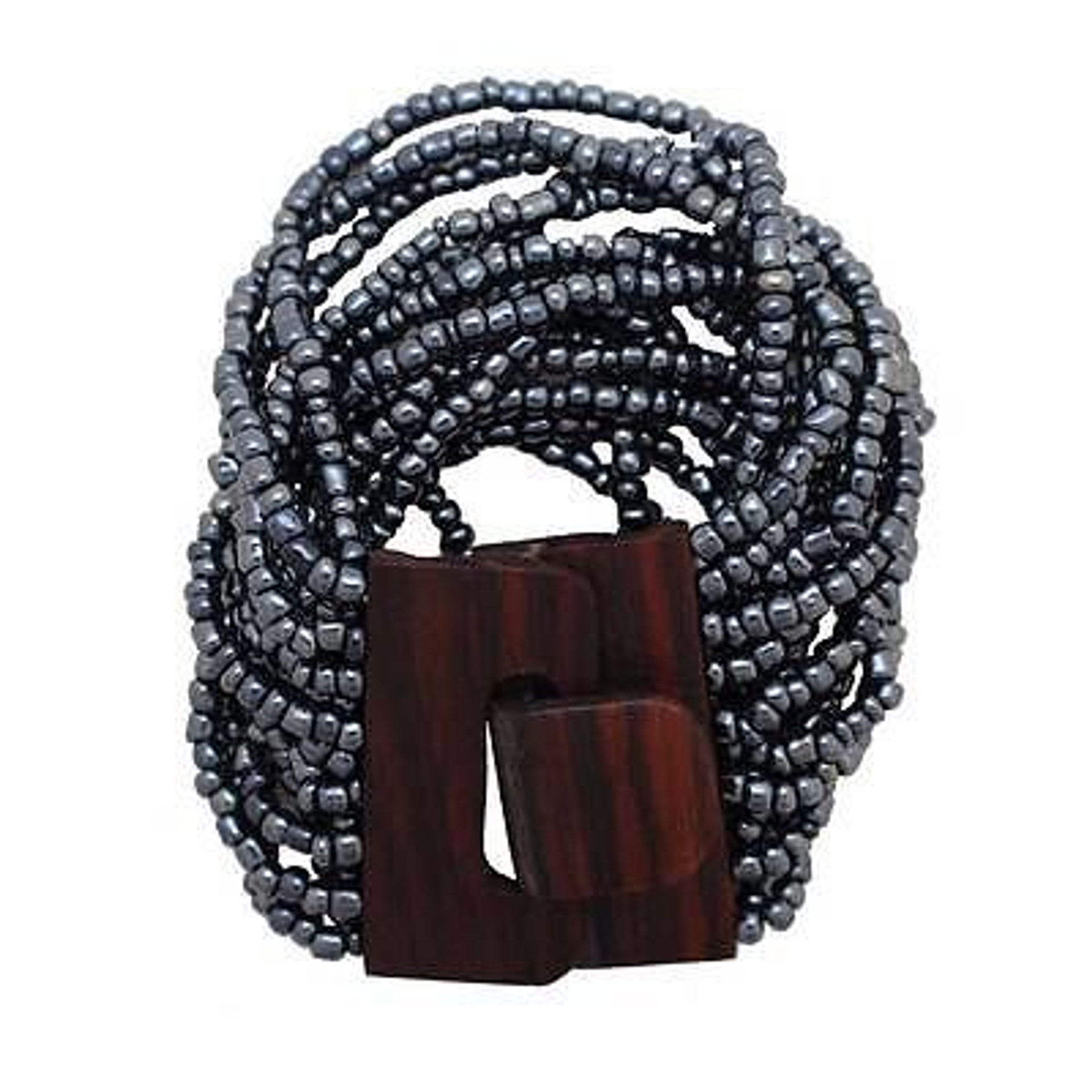 Pewter Black Silver Clear Bali Beaded Stretch Bracelet Glass Beads Wood ...