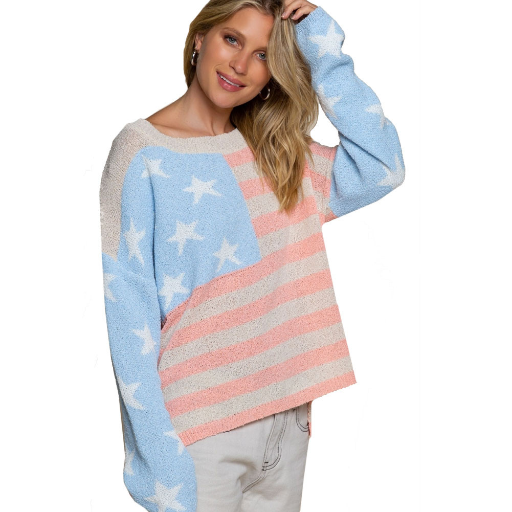 USA Flag Knit Top Patriotic Crew Neck Sweater for Women
