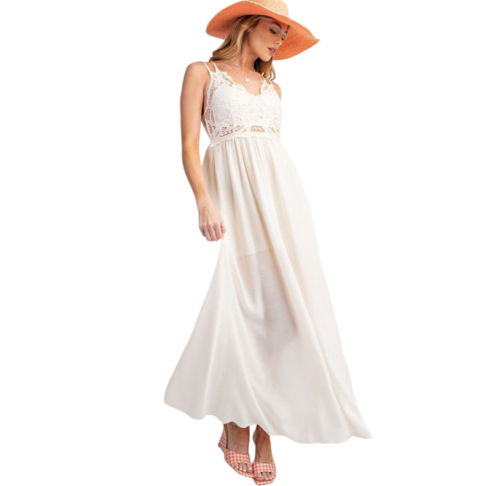 OFF WHITE MAXI DRESS WITH LACE TOP AND BACK BOW