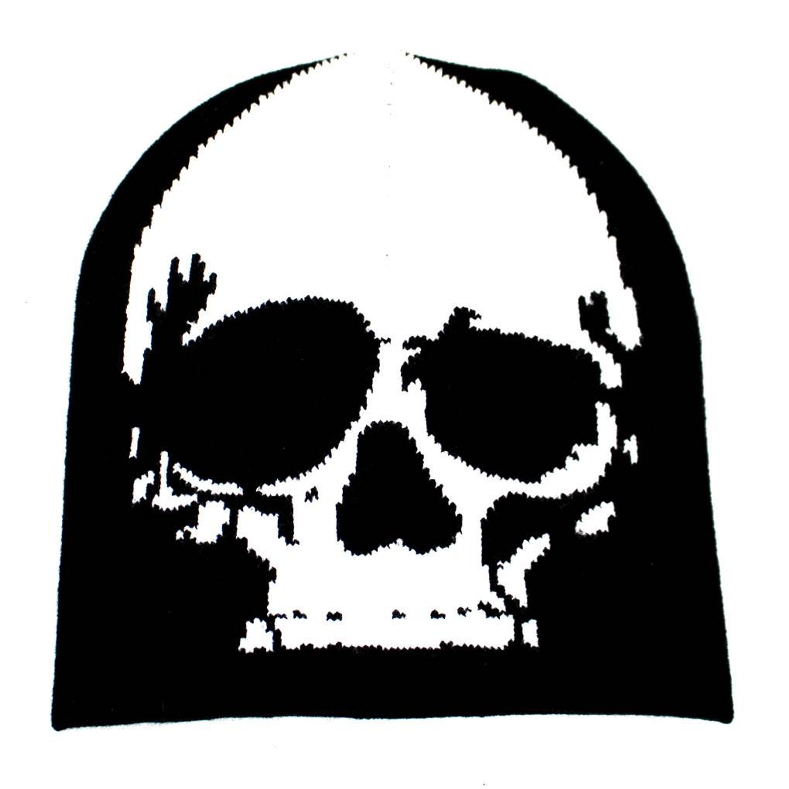Black and white skulls on black beanie.