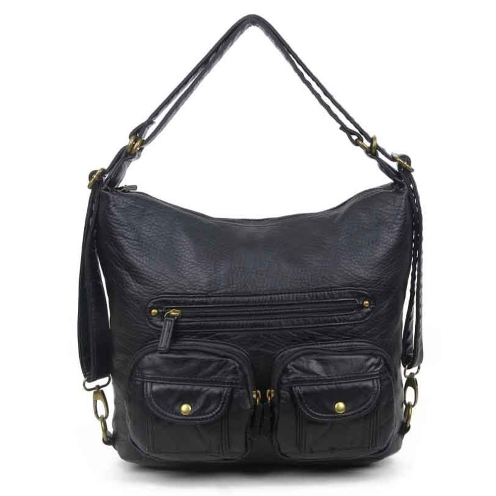 Convertible Crossbody Backpack Purse Black Vegan Leather Shoulder Bag