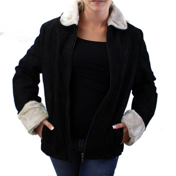 Black suede jacket front view. 