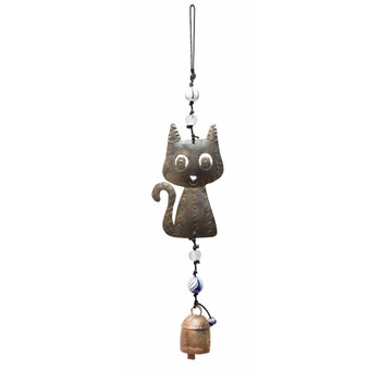 Wide eyed cat metal windchime with beads and a bell. 