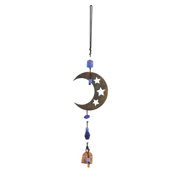 Metal moon with cut out stars windchime with beads and a bell. 