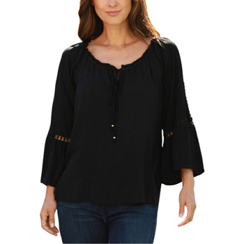 Nostalgia Bell Sleeve Black Blouse with Crochet Insets