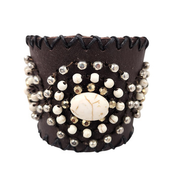 Chocolate brown leather beaded cuff bracelet. 