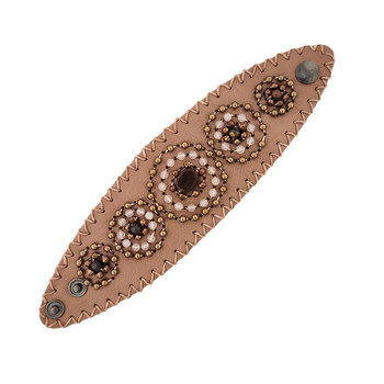 Brown leather beaded cuff bracelet - open view. 