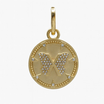 Gold-plated butterfly disc pendant with CZ stones.  Gold-plated butterfly disc pendant with CZ stones.