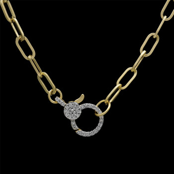 16" gold-plated paperclip chain necklace with CZ clasp on a black background.  16" gold-plated paperclip chain necklace with CZ clasp on a black background.