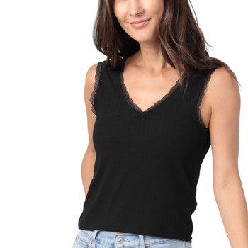 Nostalgia Clothes - Lace Trim V-Neck Rib Tank Top - Black - front view Nostalgia Clothes - Lace Trim V-Neck Rib Tank Top - Black - front view