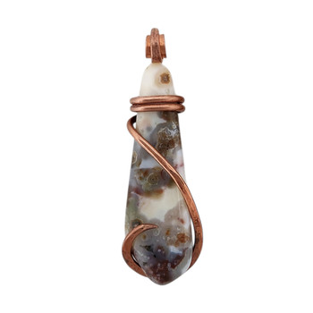 Large Ocean Jasper pendant with copper wire cold forge wrap. 