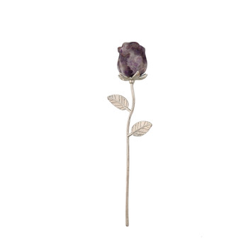 Purple Amethyst Rose Crystal – Hand Carved Stone Flower Figurine with Silver Stem