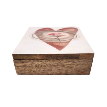 Heart with flower design wooden jewelry box side view. 