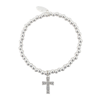 Silver beaded CZ cross elastic bracelet. 