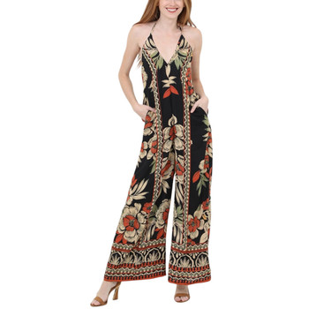 Angie Clothing - Halter Wide Leg Floral Print Jumpsuit 