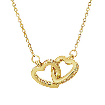 Double 18KT CZ heart gold-plated necklace close-up.  