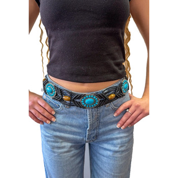 Black macrame belt with turquoise conchos. 