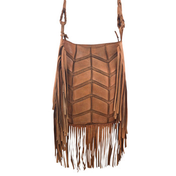 Crossbody leather fringe purse close-up. 
