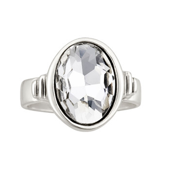 Oval silver-plated adjustable clear crystal ring. 