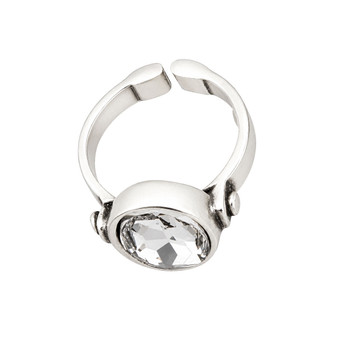 Oval silver-plated adjustable clear crystal ring side view. 