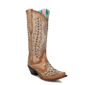 Studded and embroidered overlay wing snip toe sand Corral boot.  