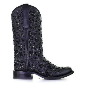 Corral black floral inlay and studded snip toe boot side view. 