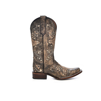 Circle G distressed brown embroidered women's cowboy boot side view. 