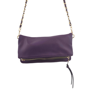 Dark plum shoulder purse with a chain shoulder strap, close-up picture. 