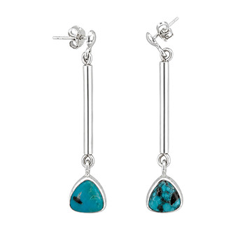 Long sterling silver Turquoise dangle earrings side view of posts. 
