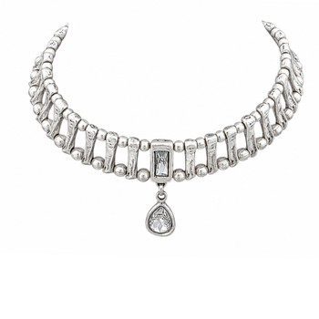 Silver-plated clear crystal teardrop choker necklace. 