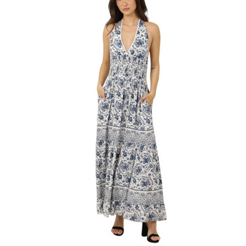 Angie Clothes - V-Neck Halter Tie Floral Print Maxi Dress