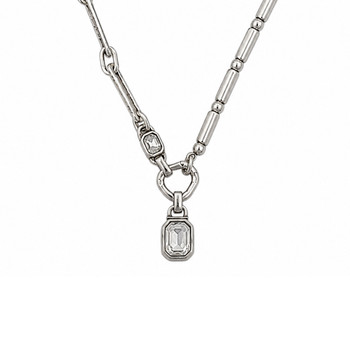 Clear crystal silver-plated necklace close-up. 