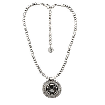 Large round gray crystal pendant on a ball-beaded chain. 