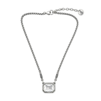 Large, clear, rectangular crystal and chain silver-plated necklace. 