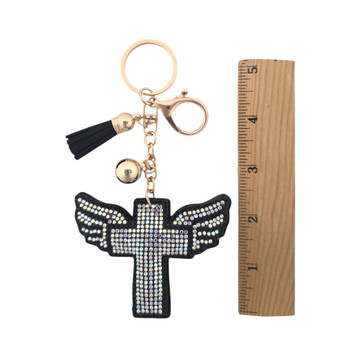 Rhinestone winged cross keychain with a ruler. 