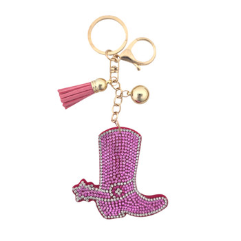 Pink rhinestone cowboy boot keychain. 