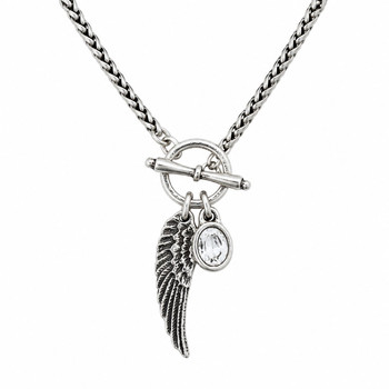Silver-plated wing and clear crystal charm toggle necklace. 