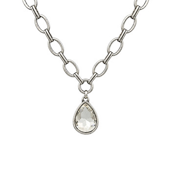 Large teardrop crystal silver-plated necklace close-up. 